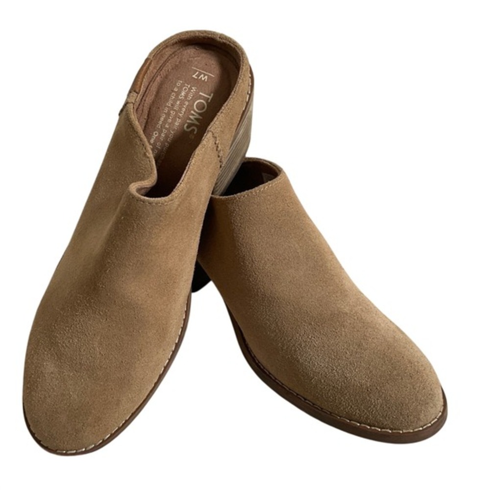 TOMS‎ Women Beige Suede Mules Stacked Block Heel Clogs Size 7 Boho 10010915